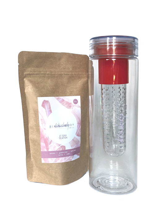 Bikinibody drinking bottle with fruit infuser for Teatox. Red